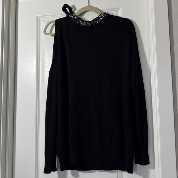 Halogen Women's Black Cold Shoulder Rhinestone Viscose Cashmere Blend Sweater M - Picture 9 of 13
